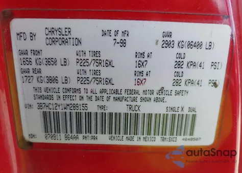 1998 Dodge Ram 1500 St from USA, damaged, VIN 3B7HC12Y1WM289155